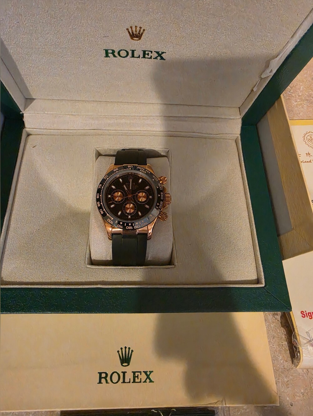 Rolex Black Dial Rose Gold Chronograph with Black Strap